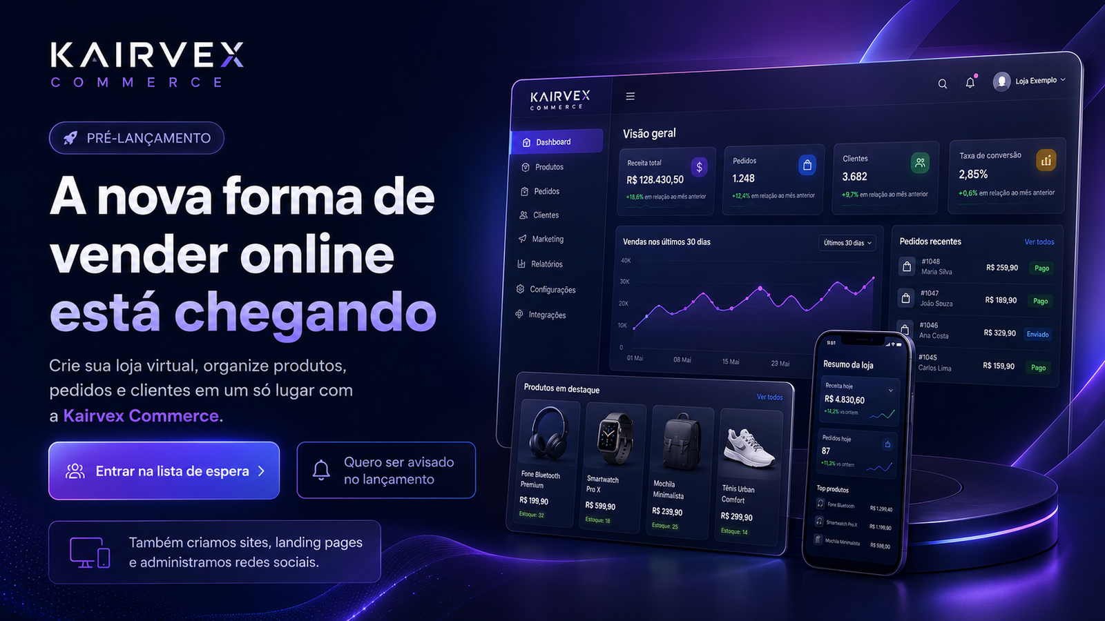 Banner Kairvex Commerce em pré-lançamento